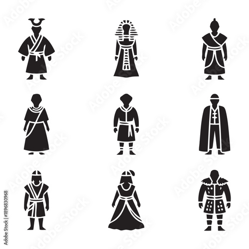 Collection of historical and cultural costume icons representing diverse civilizations from ancient to medieval eras showcasing traditional clothing and attire styles, graphic vector illustrations