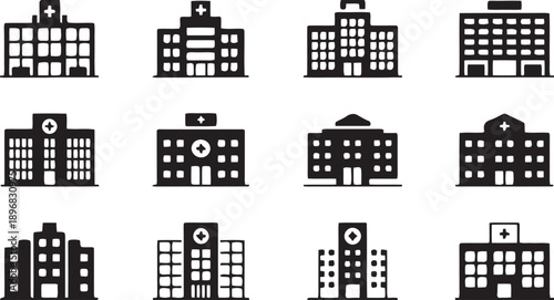 Collection of hospital building icons representing medical facilities healthcare centers clinics and medical institutions for healthcare and science design