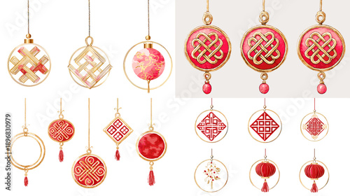 Watercolor Chinese New Year hanging ornaments set with red knots, tassels, gold frames, and lucky charms. Festive decoration collection for Lunar New Year greetings and design.