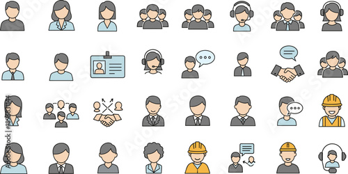 Business Team and Communication Icon Set with User Avatars, Support Agents, Collaboration, and Customer Service Symbols for UI Design
