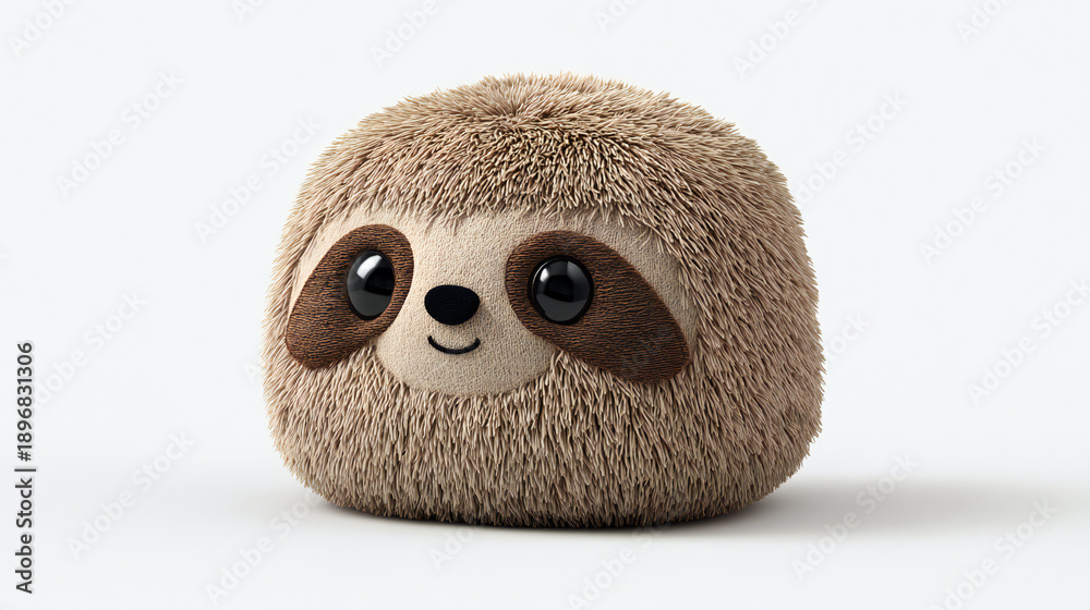 Fototapeta premium Round plush-style 3D sloth character with soft fur and cute proportions, isolated studio render suitable for toys, mascots, and kids visuals.
