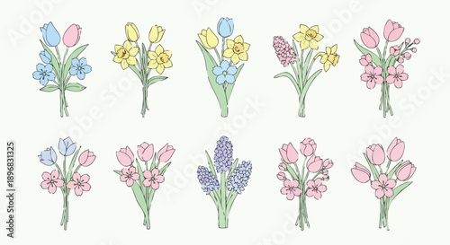 Pastel Spring Bouquet Collection. Cute Hand-Drawn Outline Illustration Set featuring Tulips, Daffodils, Hyacinths, and Cherry Blossoms for cards and patterns.
