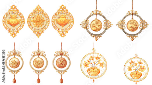 Watercolor golden ornamental frames set with Chinese New Year patterns. Elegant hanging medallion collection for luxury invitations, festive greetings, labels, and design elements.