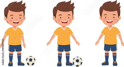 Cute Cartoon Soccer Boy Character Icon Set with Smiling Football Kid in Uniform and Ball for Children Sports Design