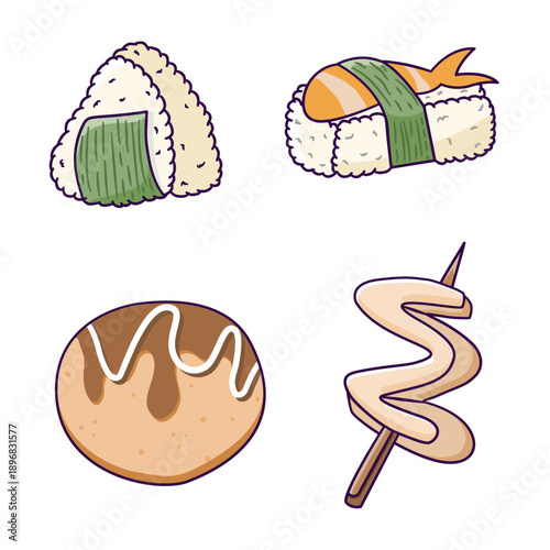 A set of typical Japanese food, onigiri, sushi, takoyaki and odeng designed in a flat cartoon style.