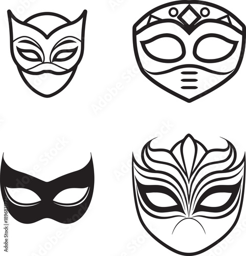 Set of four different venetian masquerade masks vector icons, carnival costume accessories