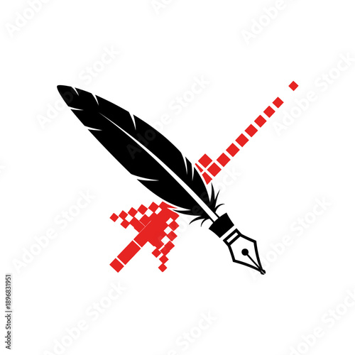 Feather quill pen with digital pixel cursor creating modern writing concept