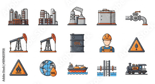 Collection of Industrial Icons Representing Oil and Gas Industry.
