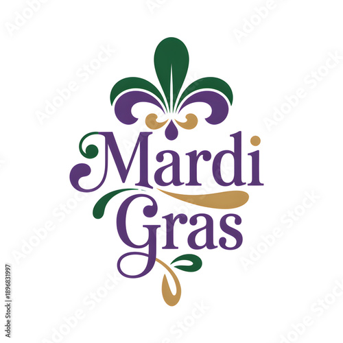 Vibrant Mardi Gras logo with fleur de lis symbol