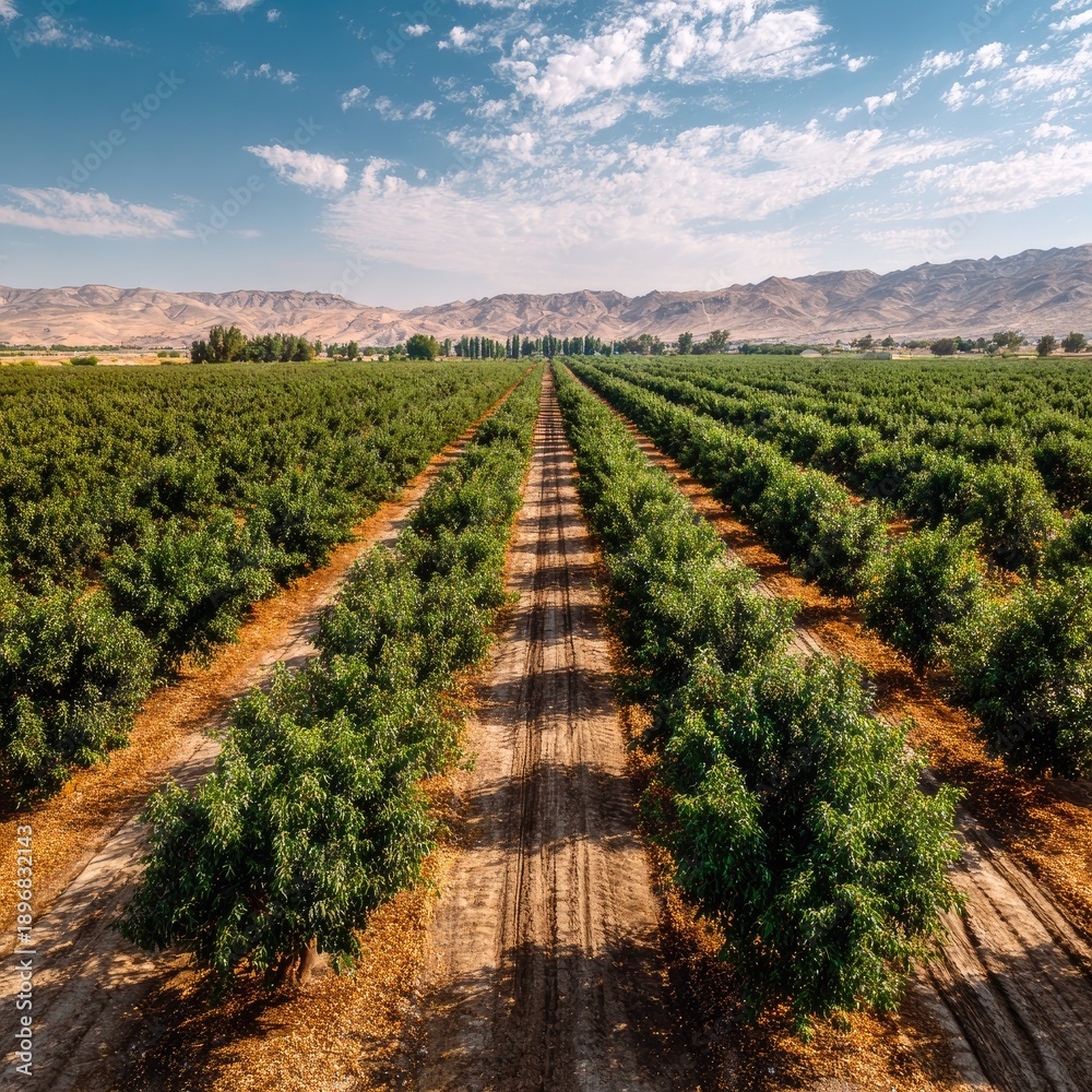 Naklejka premium Drone view of tree orchard, rows leading to distant mountains under a cloudy blue sky