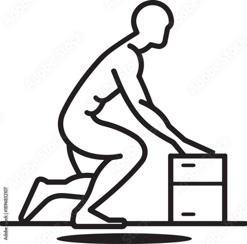 Person lifting box correct posture to prevent back injury outline vector illustration