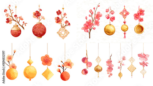 Watercolor Chinese New Year hanging ornaments set with golden coins, red charms, tassels, and floral elements. Festive decoration collection for Lunar New Year design.