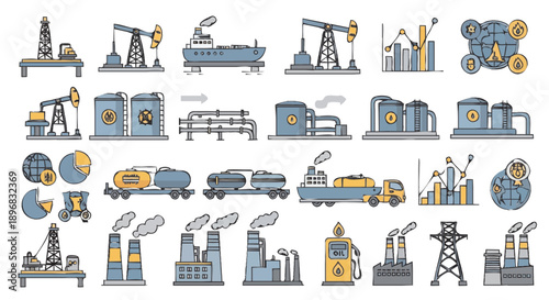 Collection of Industrial Oil and Gas Industry Icons and Symbols.