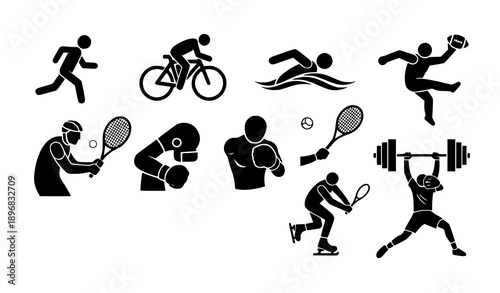 Black flat sports activity icon set athlete silhouette vector symbols isolated on white EPS