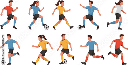 Soccer Player Action Icon Set with Male and Female Football Athletes Running, Dribbling, and Kicking Ball for Sports Design Projects