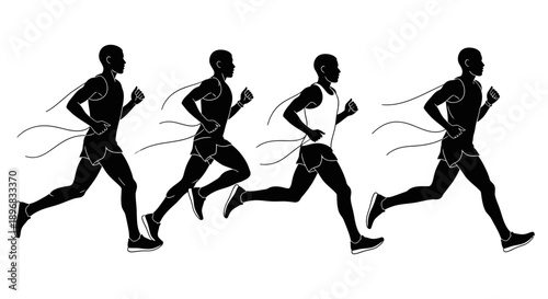 dynamic black silhouettes of four male runners racing across the finish line symbolizing speed athletic achievement and competitive sports.