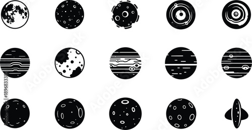 A collection of black and white icons representing planets and celestial bodies