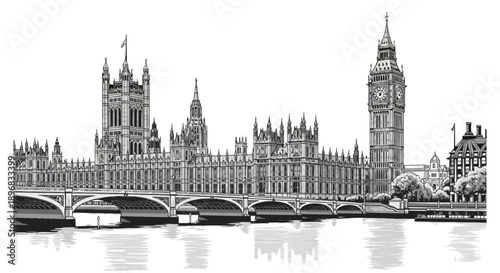 iconic london houses of parliament big ben and westminster bridge a vector illustration for british travel and architecture.