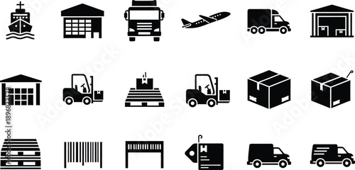 A comprehensive set of logistics, transportation, and supply chain management icons