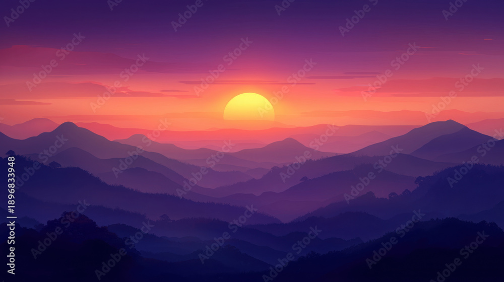 Obraz premium Vibrant Sunset Over Rolling Hills in Serene Mountain Landscape