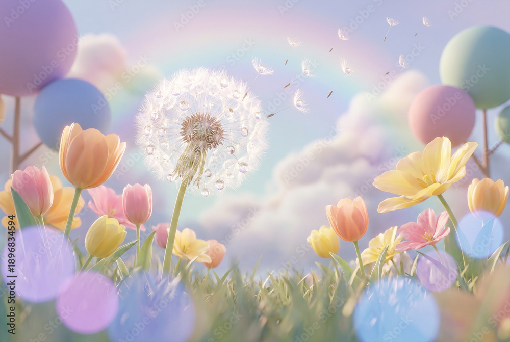 Obraz premium Dandelion with seeds flying in colorful spring meadow among tulips under soft sunlight and cloudy sky, pastel balloons and rainbow in background, dreamy nature concept.