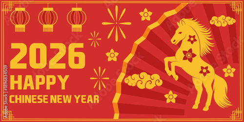 Chinese New Year 2026 vector background with festive red and gold elements, traditional lanterns, and oriental decorations, symbolizing luck, prosperity, and celebration.
