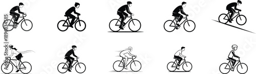 Illustrations of a person riding a bicycle in various positions and movements