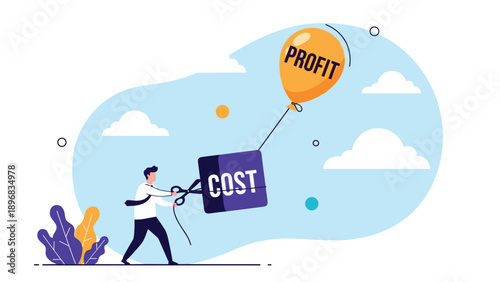 Ambitious professional using giant scissors to cut off burden of business costs to allow company profits to rise higher into air.