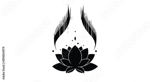 Elegant black lotus flower emblem with abstract smoky wisps and delicate droplets