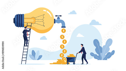 Innovative team of professionals transforming creative ideas into wealth by collecting golden coins flowing from a large light bulb tap.