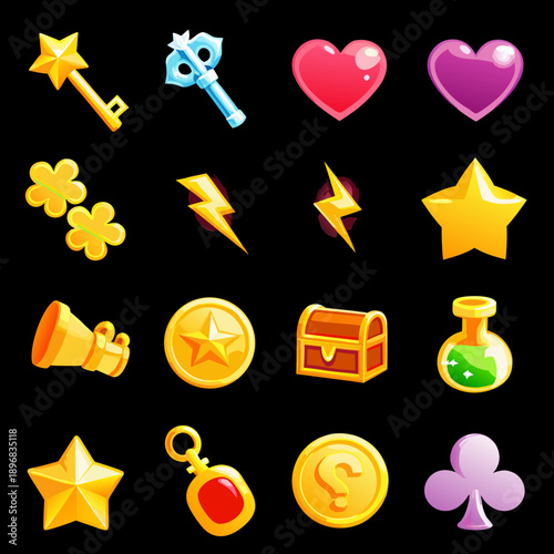 Colorful collection of game icons including stars hearts and treasure
