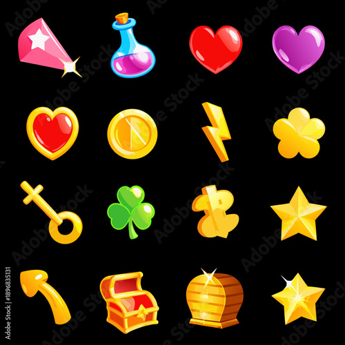 Colorful game icons depicting potions hearts stars and treasure