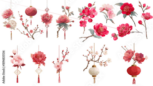 Watercolor Chinese New Year floral elements set with red lanterns, peony blossoms, and hanging ornaments. Festive decoration collection for Lunar New Year design and greetings.