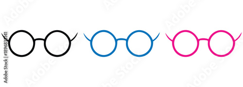 Colorful round glasses icons. black, blue, and pink frames