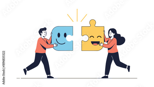 Cheerful man and woman running towards each other to connect two giant colorful puzzle pieces featuring happy yellow and blue faces.