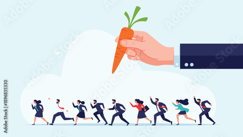 Massive hand holding a large carrot as a motivation bait for a group of professional business people running fast in a competition.