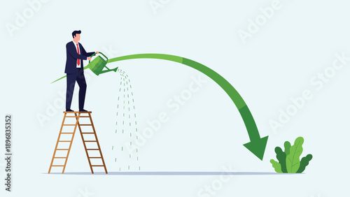 Dedicated businessman standing on a tall ladder and using a green watering can to nurture growth of a large curved arrow.