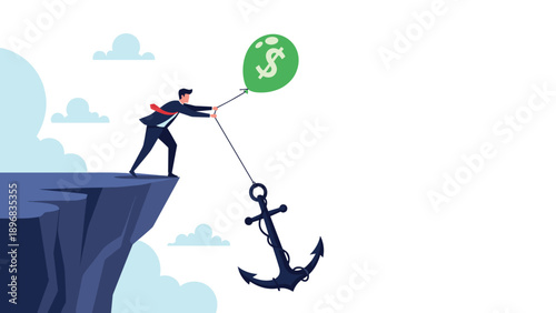 Brave businessman standing on a cliff edge using lift of a dollar sign balloon to pull up a heavy black anchor from below.