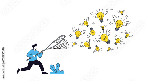 Creative person running across a field with a butterfly net to capture a swarm of flying light bulbs representing many new ideas.