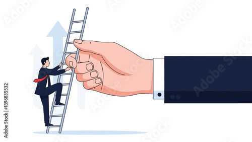Massive hand in a suit sleeve providing support by holding a tall silver ladder for a businessman to climb towards his goals.