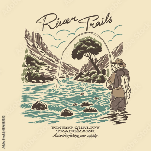 Retro vector illustration adventure fisherman fishing flyfishing angler trout on river forest national park nature. Vintage outdoor apparel design supply gear