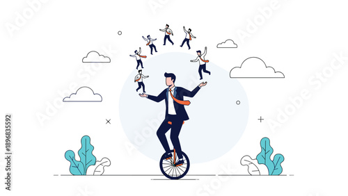 Skilled businessman riding unicycle and juggling small figures representing multitasking, leadership, and efficient management.