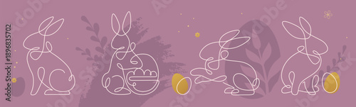 Set of luxury Easter rabbit silhouettes isolated on pink background. Line art vector illustration
