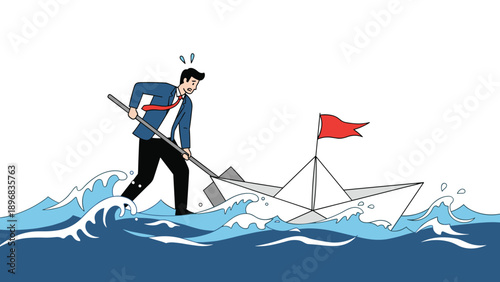 Stressed businessman rowing small paper boat with shovel in stormy ocean representing desperate struggle in tough business market.