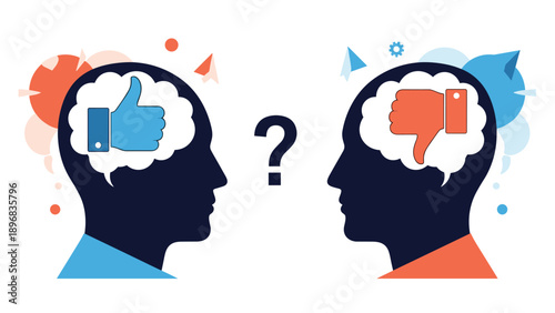 Profile silhouettes of two heads with thumbs up and thumbs down icons representing feedback, debate, social media, and public opinion.