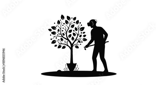 Person in VR headset plants a digital tree, symbolizing virtual reality growth and innovation.