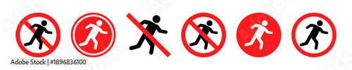 Collection of prohibition and warning signs featuring running figures in red circles and crossed out, indicating restrictions on movement or activity in a clear graphic style.