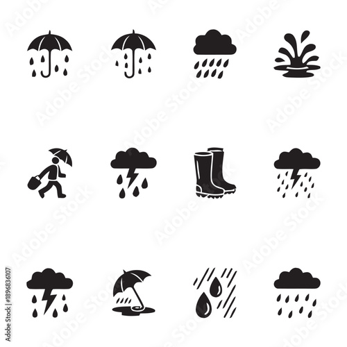 Collection of rain and weather icons in silhouette style, featuring umbrellas, rain clouds, boots, and splashing water, suitable for weather apps, forecasts, and seasonal designs