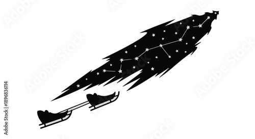 Magical starry night sky constellation shaped like a Christmas tree towed by sleigh