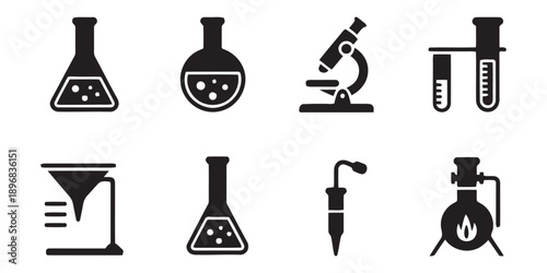 Collection of science laboratory equipment icons including beakers flasks microscope test tubes filtration apparatus Bunsen burner and heating flask 